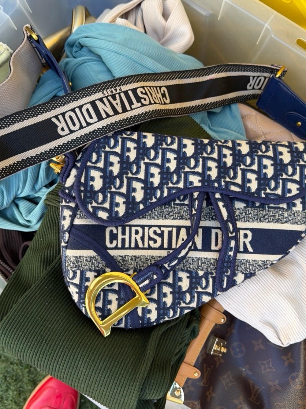 Christian Dior Navy Blue & White Saddle Bag with Logo Strap
